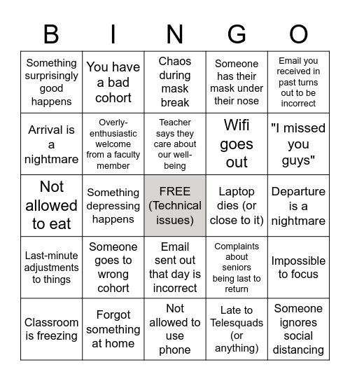 Back to School Bingo Card