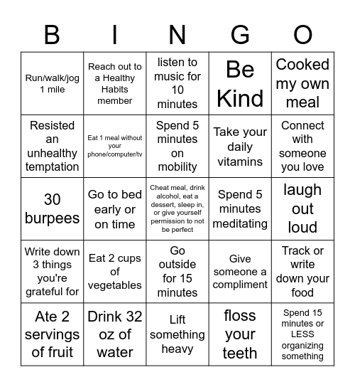 Healthy Habits Bingo Card