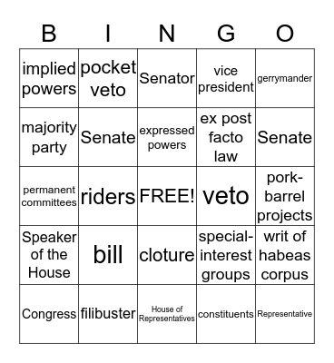Legislative Branch Bingo Card