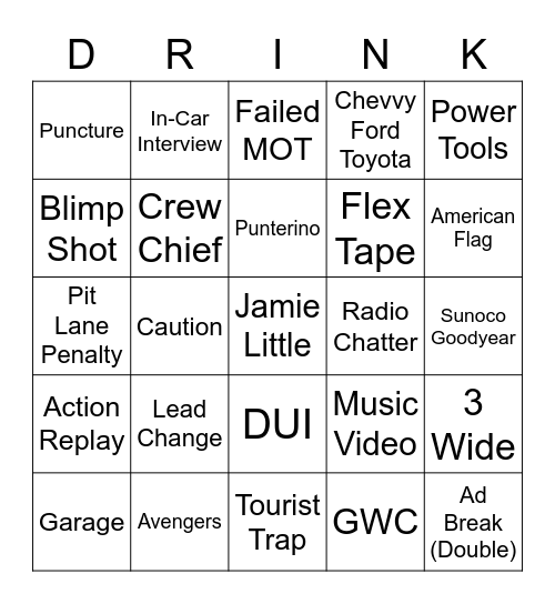 NASCAR Bingo Card