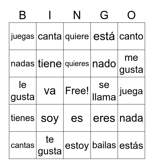 Verbs Bingo Card
