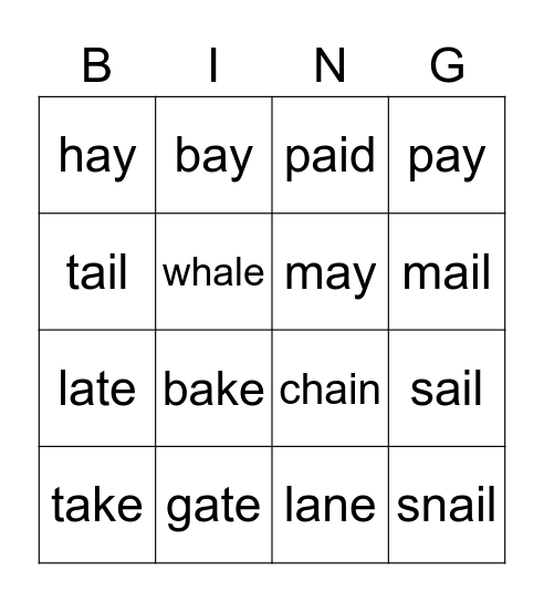 ai, ay, a-e - Bingo Card