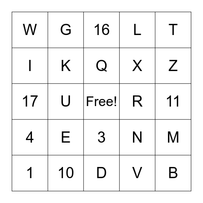 Letters and Numbers (1-20) BINGO Card