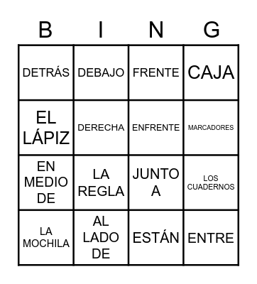 Preposiciones de lugar Bingo Card