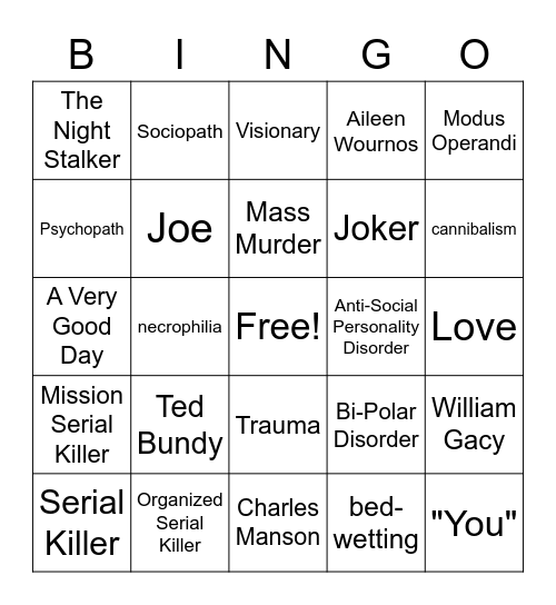 Carruth's Serial Killer Bingo! Bingo Card