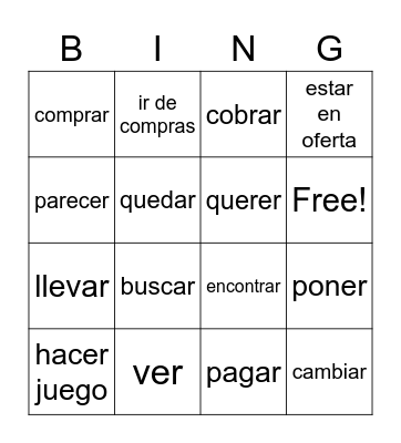verbos usados en la tienda Bingo Card