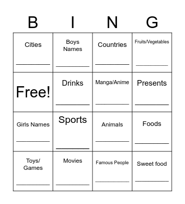 Scattergories Bingo Card