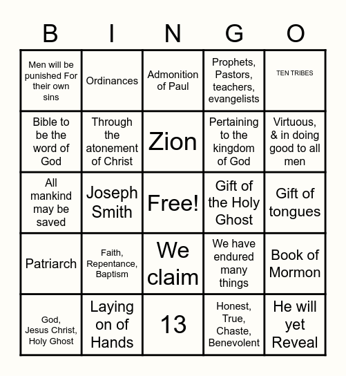 Articles of Faith Bingo Card