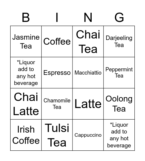 Hotttttt Beverage Bingo Card