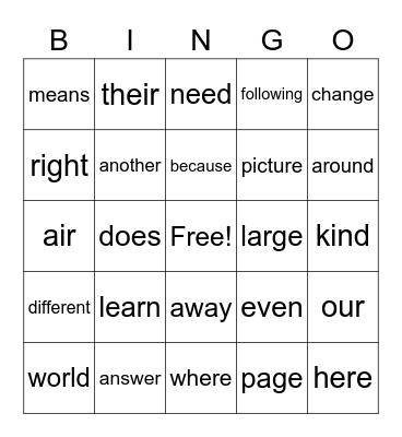 SIGHT WORDS Bingo Card