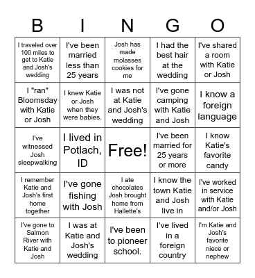 Katie and Josh Bingo Card