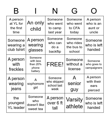 Young Life BINGO Card