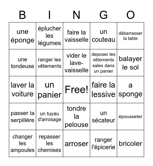 Taches menageres Bingo Card