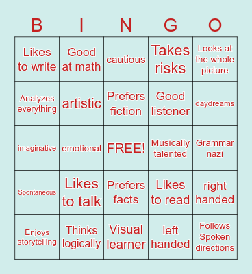 Left & Right Brain Characteristics Bingo Card