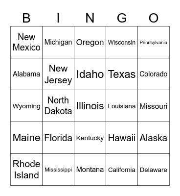 US States and Capitals Bingo Card