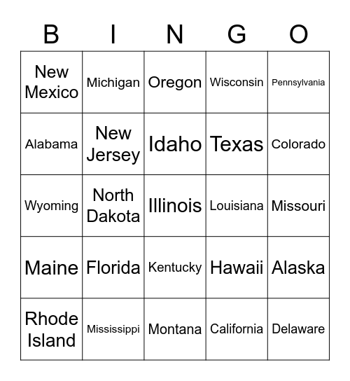 US States and Capitals Bingo Card