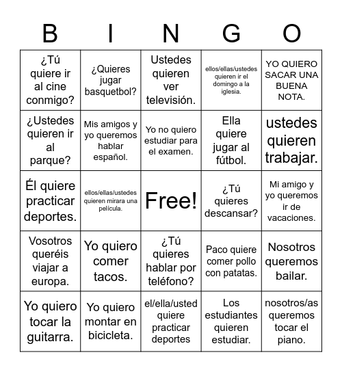 Verbo Querer Bingo Card