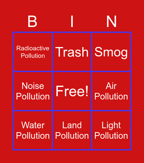 Pollution Bingo Card
