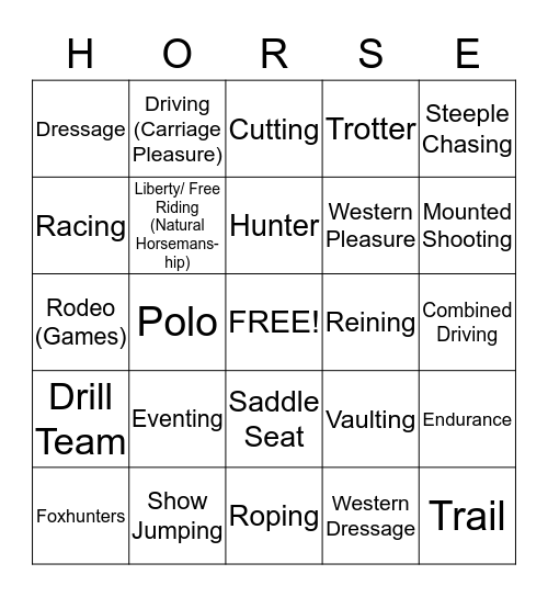 Horse Crazy Bingo Card