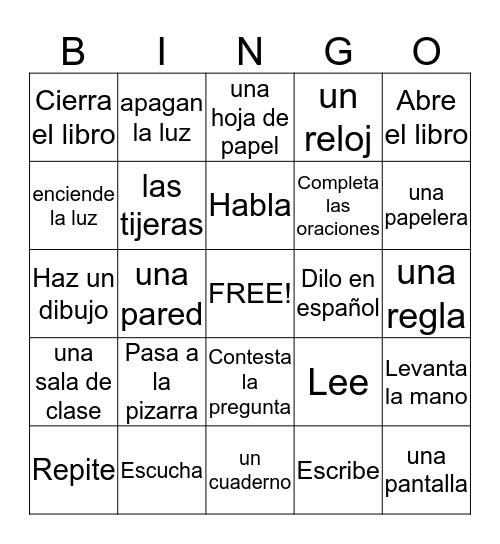 Classroom objects and Commands Bingo Card