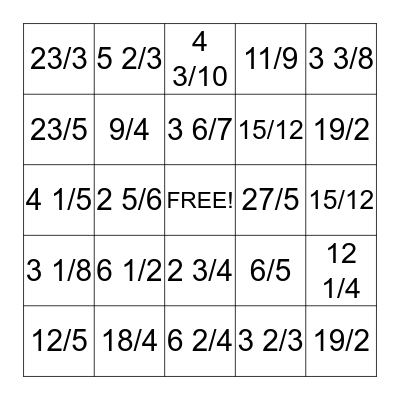 Mixed Fraction Bingo Card