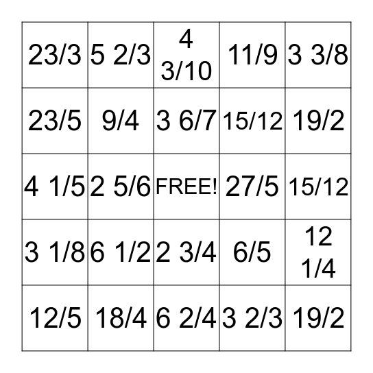 Mixed Fraction Bingo Card