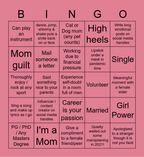 Sirius Women's Day Bingo Card
