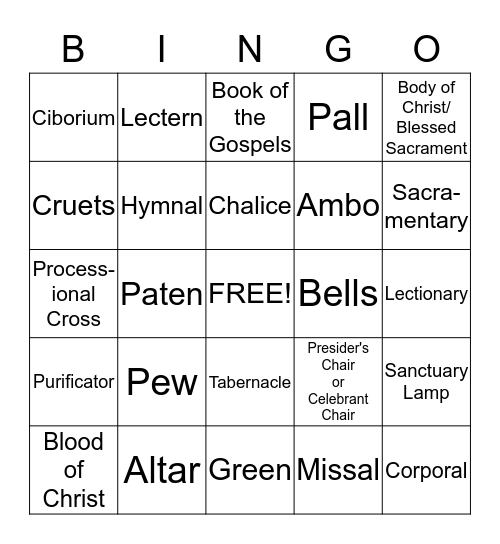 Liturgical Objects Bingo Card