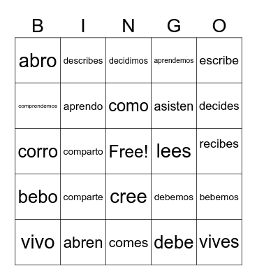 ER & IR verbs Bingo Card