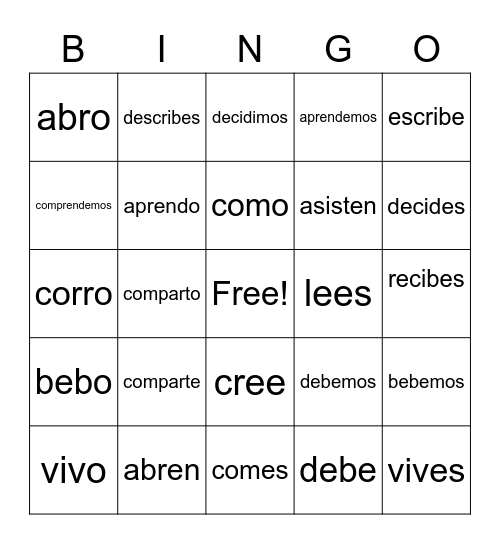 ER & IR verbs Bingo Card