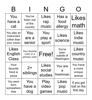 Shadle Bingo Card