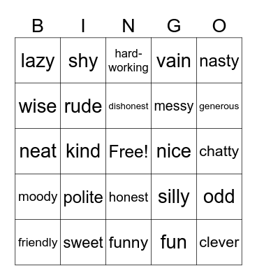 Easy Personality Words Bingo Card