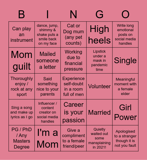 Sirius Women's Day Bingo Card