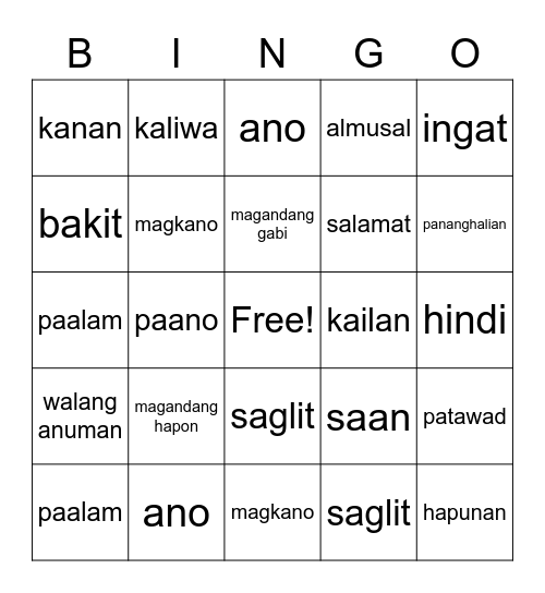 FILIPINO BINGO Card