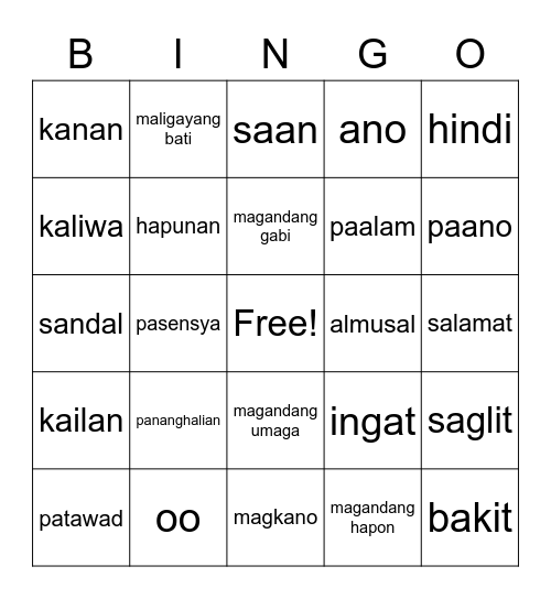 FILIPINO BINGO Card