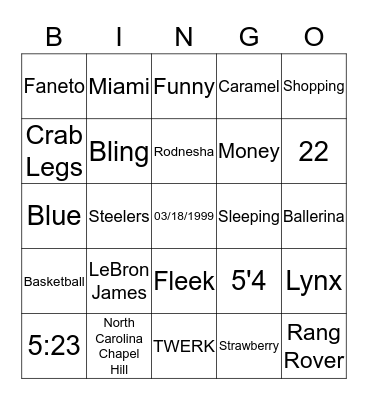 Kayla's Sweet 16 Bingo Card