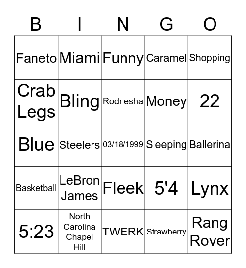 Kayla's Sweet 16 Bingo Card