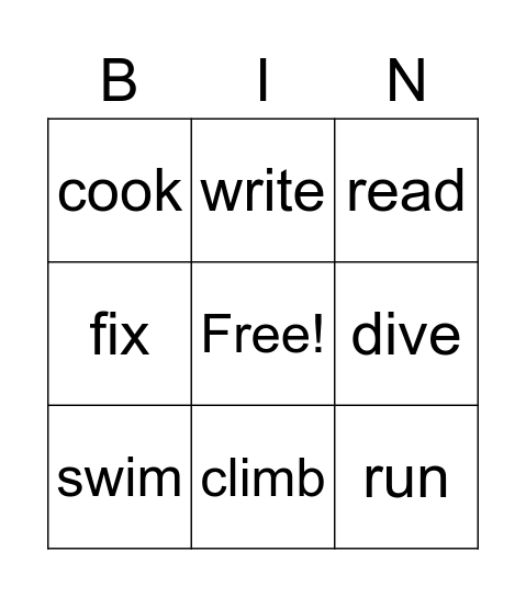 verbs Bingo Card