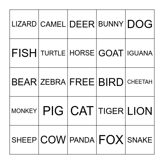 ANIMALS Bingo Card