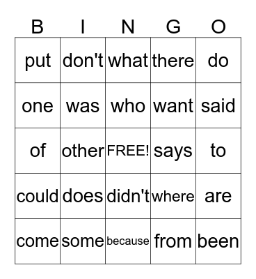 Sight Word Bingo  - February Bingo Card