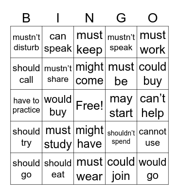 Modal Verbs Bingo Card