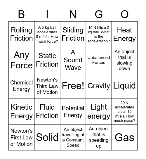 Newton's Law of Motion Bingo Card