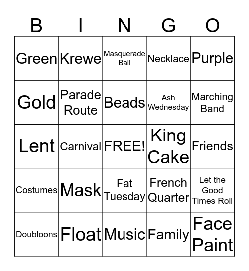 Mardi Gras Bingo Card