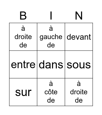 Prépositions de lieu Bingo Card
