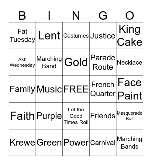 Mardi Gras Bingo Card