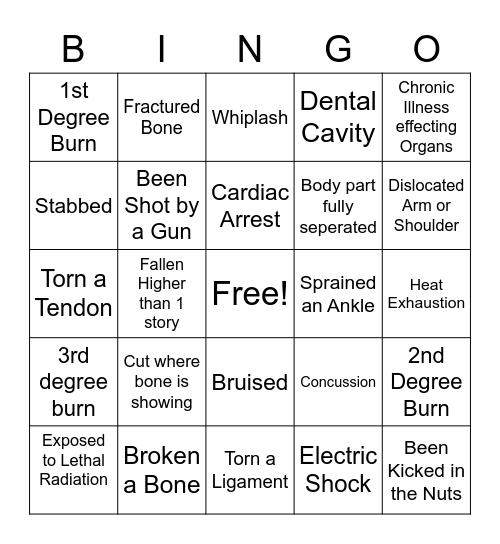 Bodily Harm Bingo Card