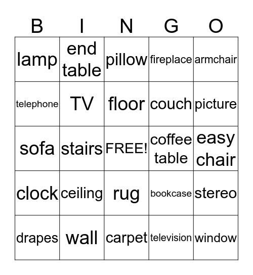Living Room Words Bingo Card