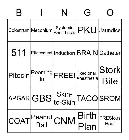 Prepared Childbirth Bingo Card