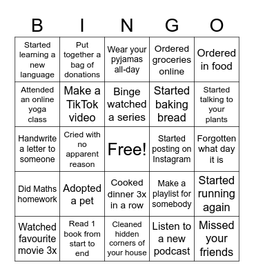 Quarantine bingo Card