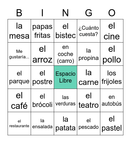 En el Restaurante / Lugares en la Ciudad Bingo Card